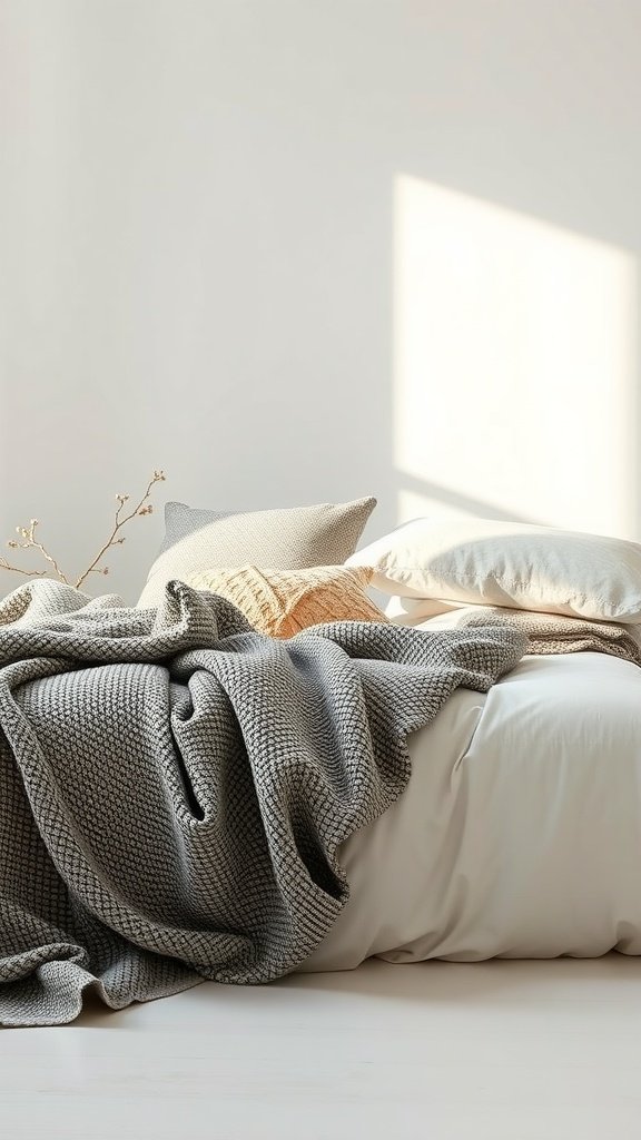 A cozy minimalist bedroom with textured bedding, showcasing a gray blanket and layered pillows.