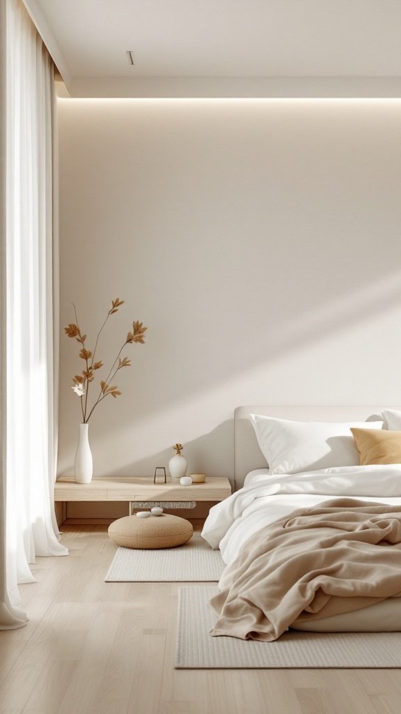 A serene Japandi-style bedroom featuring soft tones, natural light, and minimalist decor.